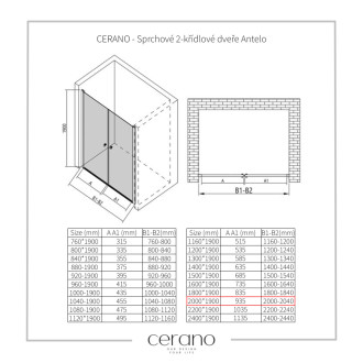 CERANO - Sprchové 2-krídlové dvere Antelo L/P - 6 mm - chróm, transparentné sklo - 200x190 cm