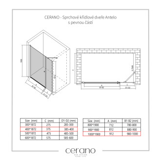 CERANO - Sprchové krídlové dvere Antelo s pevnou časťou Ľ/P - 6 mm - chróm, transparentné sklo - 100x40x190 cm