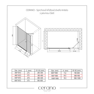 CERANO - Sprchové krídlové dvere Antelo s pevnou časťou Ľ/P - 6 mm - chróm, transparentné sklo - 90x40 cm