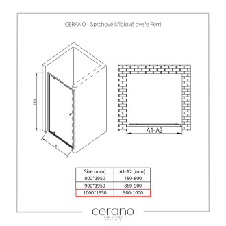 CERANO - Sprchové pivotové dvere Ferri L/P - 6 mm - čierna matná, transparentné sklo - 100x195 cm