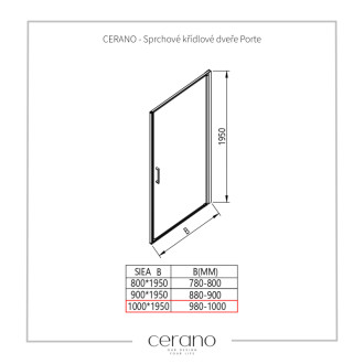 CERANO - Sprchové otočné dvere Porte L/P - 8 mm - chróm, transparentné sklo - 100x195 cm
