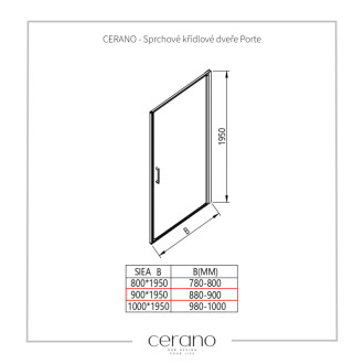 CERANO - Sprchové otočné dvere Porte L/P - 8 mm - chróm, transparentné sklo - 90x195 cm