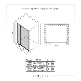 CERANO - Sprchové pivotové dvere Santini Ľ/P - 6 mm - čierna matná, transparentné sklo - 100x195 cm