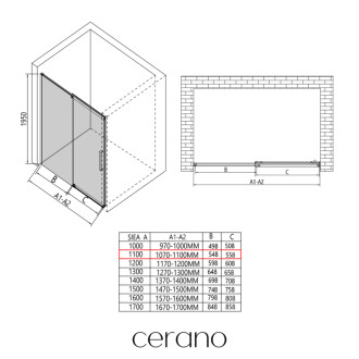 CERANO - Sprchové posuvné dvere Lantono L/P - 8 mm - čierna matná, transparentné sklo - 110x195 cm
