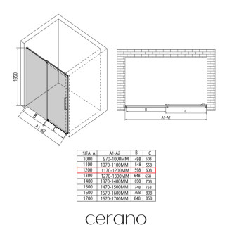 CERANO - Sprchové posuvné dvere Lantono L/P - 8 mm - čierna matná, transparentné sklo - 120x195 cm