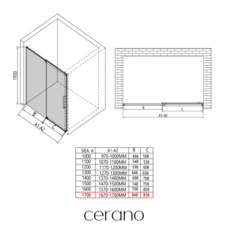 CERANO - Sprchové posuvné dvere Lantono L/P - 8 mm - čierna matná, transparentné sklo - 170x195 cm
