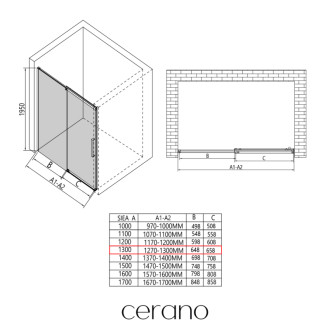 CERANO - Sprchové posuvné dvere Lantono Ľ/P - 8 mm - chróm, transparentné sklo - 130x195 cm