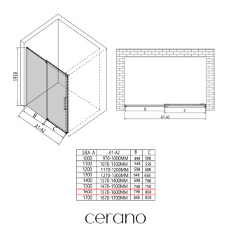 CERANO - Sprchové posuvné dvere Lantono Ľ/P - 8 mm - chróm, transparentné sklo - 160x195 cm