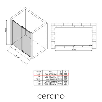 CERANO - Sprchové posuvné dvere Santoro Ľ/P - 6 mm - čierna matná, transparentné sklo - 100x195 cm