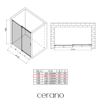 CERANO - Sprchové posuvné dvere Santoro Ľ/P - 6 mm - čierna matná, transparentné sklo - 110x195 cm