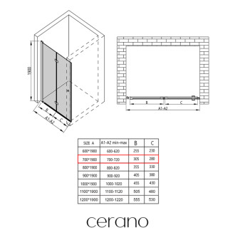 CERANO - Sprchové zalamovacie dvere Volpe L/P - 6 mm - čierna matná, transparentné sklo - 70x190 cm