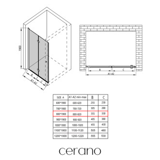 CERANO - Sprchové zalamovacie dvere Volpe L/P - 6 mm - čierna matná, transparentné sklo - 80x190 cm