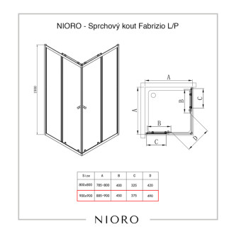 NIORO - Sprchovací kút Fabrizio L/P - čierna matná, transparentné sklo - 90x90 cm - posuvný
