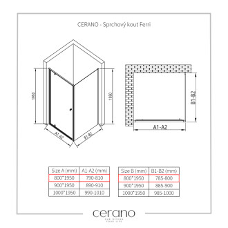 CERANO - Sprchovací kút Ferri L/P - 6 mm - čierna matná, transparentné sklo - 80x80 cm - pivotový