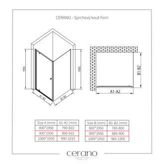 CERANO - Sprchovací kút Ferri Ľ/P - 6 mm - chróm, transparentné sklo - 90x90 cm - pivotový