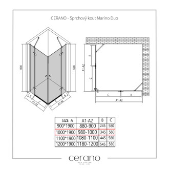 CERANO - Sprchovací kút Marino Duo Ľ/P - 6 mm - čierna matná, transparentné sklo - 100x100 cm - pántový