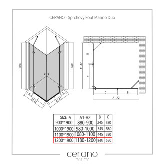 CERANO - Sprchovací kút Marino Duo Ľ/P - 6 mm - čierna matná, transparentné sklo - 120x120 cm - pántový