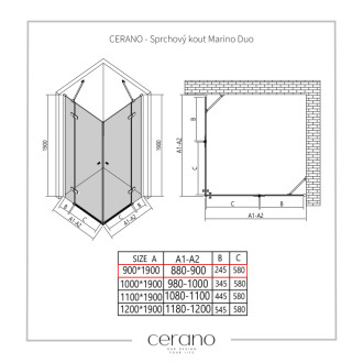 CERANO - Sprchovací kút Marino Duo Ľ/P - 6 mm - chróm, transparentné sklo - 90x90 cm - pántový