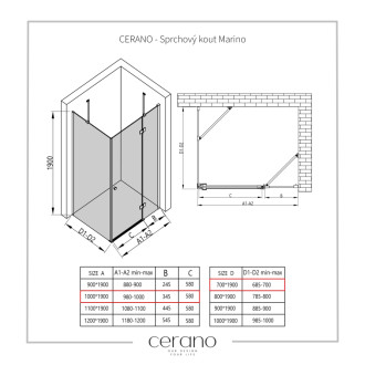 CERANO - Sprchovací kút Marino Ľ/P - 6 mm - čierna matná, transparentné sklo - 100x70x190 cm - pántový