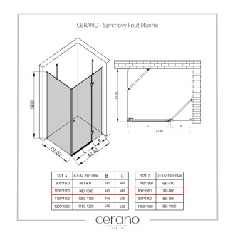 CERANO - Sprchovací kút Marino Ľ/P - 6 mm - čierna matná, transparentné sklo - 100x80 cm - pántový