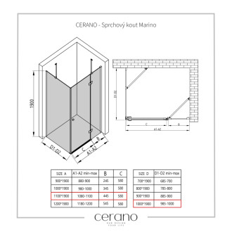 CERANO - Sprchovací kút Marino Ľ/P - 6 mm - čierna matná, transparentné sklo - 110x100 cm - pántový