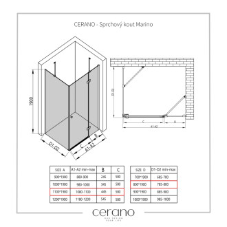 CERANO - Sprchovací kút Marino Ľ/P - 6 mm - čierna matná, transparentné sklo - 110x80 cm - pántový