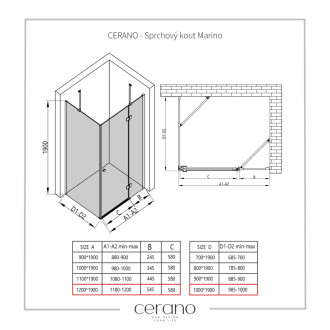 CERANO - Sprchovací kút Marino Ľ/P - 6 mm - čierna matná, transparentné sklo - 120x100x190 cm - pántový