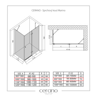 CERANO - Sprchovací kút Marino Ľ/P - 6 mm - chróm, transparentné sklo - 100x80 cm - pántový