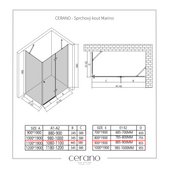 CERANO - Sprchovací kút Marino Ľ/P - 6 mm - chróm, transparentné sklo - 100x90 cm - pántový