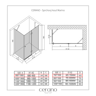 CERANO - Sprchovací kút Marino Ľ/P - 6 mm - chróm, transparentné sklo - 90x70 cm - pántový