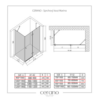 CERANO - Sprchovací kút Marino Ľ/P - 6 mm - chróm, transparentné sklo - 90x80 cm - pántový