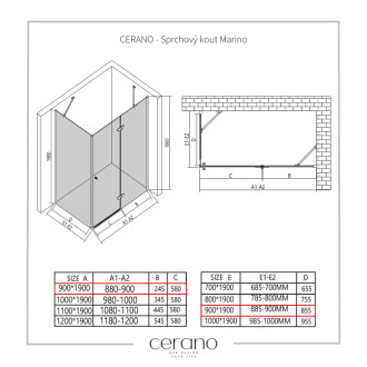CERANO - Sprchovací kút Marino Ľ/P - 6 mm - chróm, transparentné sklo - 90x90 cm - pántový