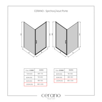 CERANO - Sprchovací kút Porte Ľ/P - 8 mm - čierna matná, transparentné sklo - 100x100 cm - otočný
