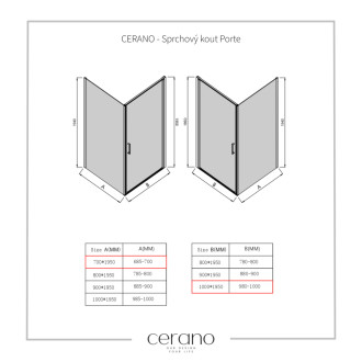CERANO - Sprchovací kút Porte Ľ/P - 8 mm - čierna matná, transparentné sklo - 100x70 cm - otočný