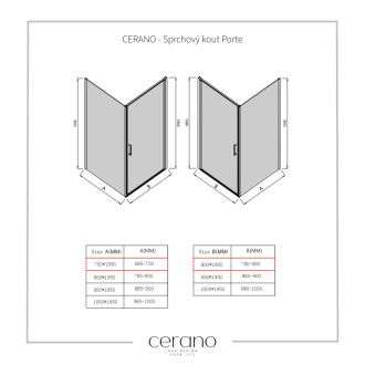 CERANO - Sprchovací kút Porte Ľ/P - 8 mm - čierna matná, transparentné sklo - 80x70 cm - otočný