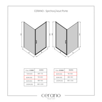 CERANO - Sprchovací kút Porte Ľ/P - 8 mm - čierna matná, transparentné sklo - 80x80 cm - otočný