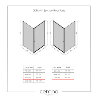 CERANO - Sprchovací kút Porte Ľ/P - 8 mm - čierna matná, transparentné sklo - 90x100 cm - otočný