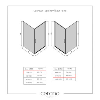 CERANO - Sprchovací kút Porte Ľ/P - 8 mm - čierna matná, transparentné sklo - 90x70 cm - otočný