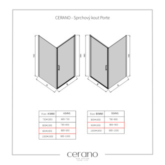 CERANO - Sprchovací kút Porte Ľ/P - 8 mm - čierna matná, transparentné sklo - 90x90 cm - otočný