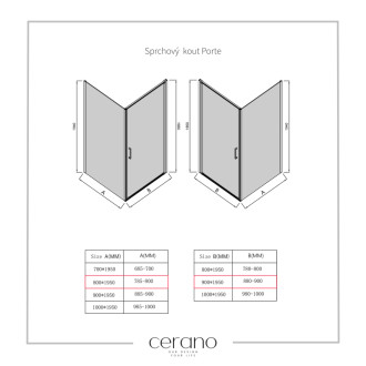 CERANO - Sprchovací kút Porte Ľ/P - 8 mm - chróm, transparentné sklo - 90x80 cm - otočný