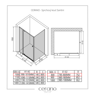 CERANO - Sprchovací kút Santini Ľ/P - 6 mm - čierna matná, transparentné sklo - 100x80 cm - pivotový