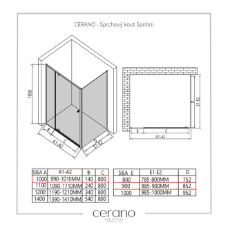 CERANO - Sprchovací kút Santini Ľ/P - 6 mm - čierna matná, transparentné sklo - 100x90x195 cm - pivotový