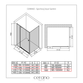 CERANO - Sprchovací kút Santini Ľ/P - 6 mm - chróm, transparentné sklo - 110x100 cm - pivotový