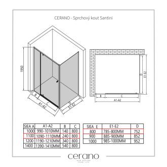 CERANO - Sprchovací kút Santini Ľ/P - 6 mm - chróm, transparentné sklo - 110x80x195 cm - pivotový