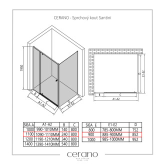 CERANO - Sprchovací kút Santini Ľ/P - 6 mm - chróm, transparentné sklo - 110x90 cm - pivotový