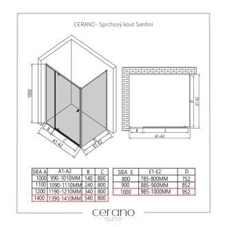 CERANO - Sprchovací kút Santini Ľ/P - 6 mm - chróm, transparentné sklo - 140x100 cm - pivotový