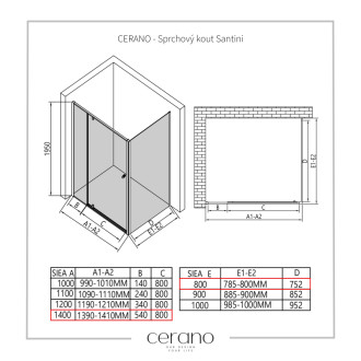 CERANO - Sprchovací kút Santini Ľ/P - 6 mm - chróm, transparentné sklo - 140x80x195 cm - pivotový