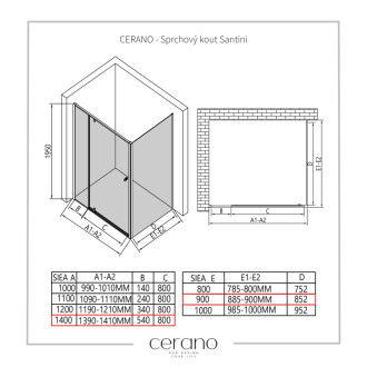 CERANO - Sprchovací kút Santini Ľ/P - 6 mm - chróm, transparentné sklo - 140x90 cm - pivotový