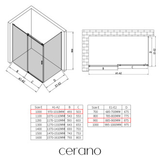 CERANO - Sprchovací kút Santoro Ľ/P - 6 mm - čierna matná, transparentné sklo - 100x90 cm - posuvný