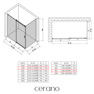 CERANO - Sprchovací kút Santoro Ľ/P - 6 mm - čierna matná, transparentné sklo - 110x90x195 cm - posuvný